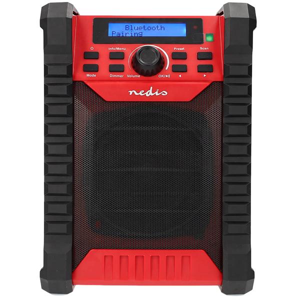 Baustellenradio DAB+ und UKW mit Bluetooth und Akku, robustes Radio IP54 mit 30 W Klang, bis 10 Std. Laufzeit, USB-C Ladung, Tragegriff, rot/schwarz