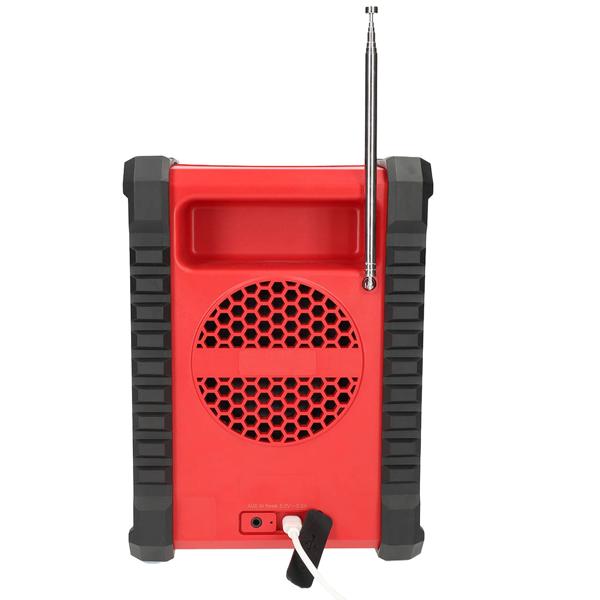 Baustellenradio DAB+ und UKW mit Bluetooth und Akku, robustes Radio IP54 mit 30 W Klang, bis 10 Std. Laufzeit, USB-C Ladung, Tragegriff, rot/schwarz