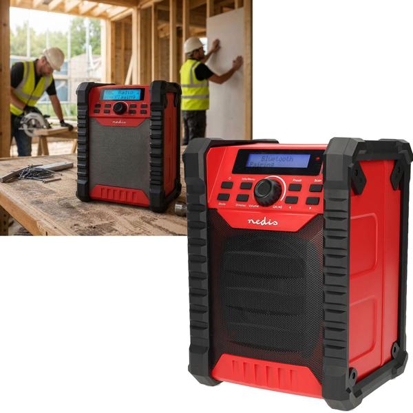 Baustellenradio DAB+ und UKW mit Bluetooth und Akku, robustes Radio IP54 mit 30 W Klang, bis 10 Std. Laufzeit, USB-C Ladung, Tragegriff, rot/schwarz