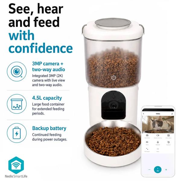 Automatic feeder for cats and dogs with camera and app, 4.5 l Wi-Fi dispenser with 2K live video, two-way audio, portion control and stainless-steel bowl