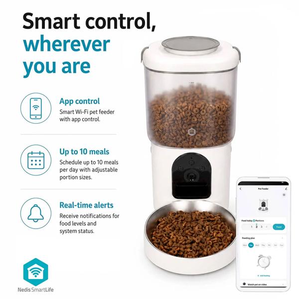Automatic feeder for cats and dogs with camera and app, 4.5 l Wi-Fi dispenser with 2K live video, two-way audio, portion control and stainless-steel bowl