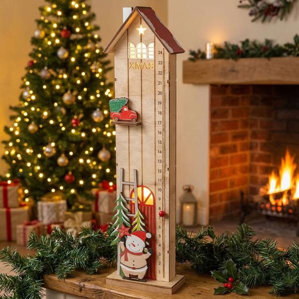 Set maison calendrier de l’Avent LED & arc lumineux LED : décoration de Noël élégante éclairée en blanc chaud avec minuterie & compte à rebours – idéal pour table & fenêtre