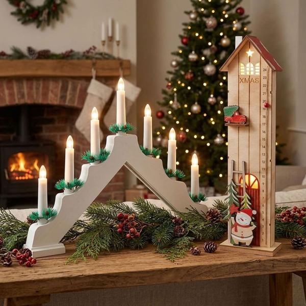 Set maison calendrier de l’Avent LED & arc lumineux LED : décoration de Noël élégante éclairée en blanc chaud avec minuterie & compte à rebours – idéal pour table & fenêtre