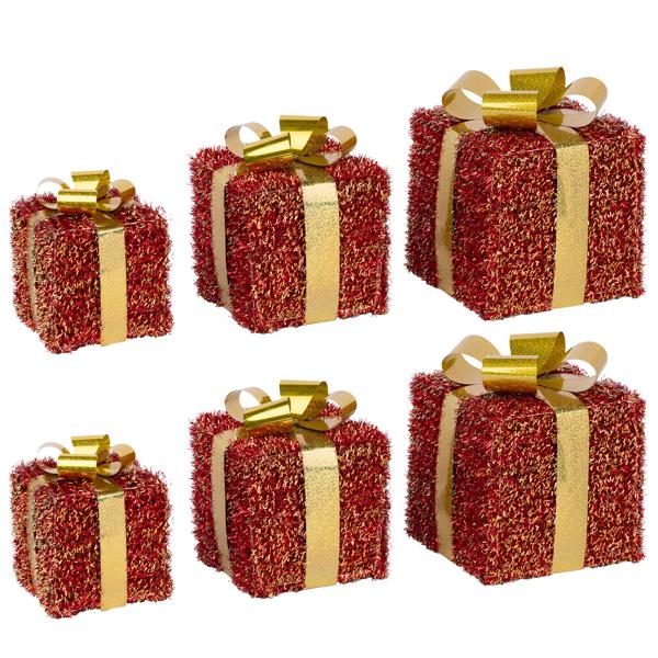 LED Geschenkboxen 6er Set rot-gold, beleuchtete Geschenke Weihnachtsdeko mit 152 warmweissen LEDs, Timer, batteriebetrieben, 12/15/18 cm