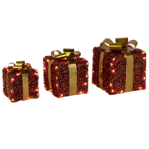 LED Geschenkboxen 6er Set rot-gold, beleuchtete Geschenke Weihnachtsdeko mit 152 warmweissen LEDs, Timer, batteriebetrieben, 12/15/18 cm