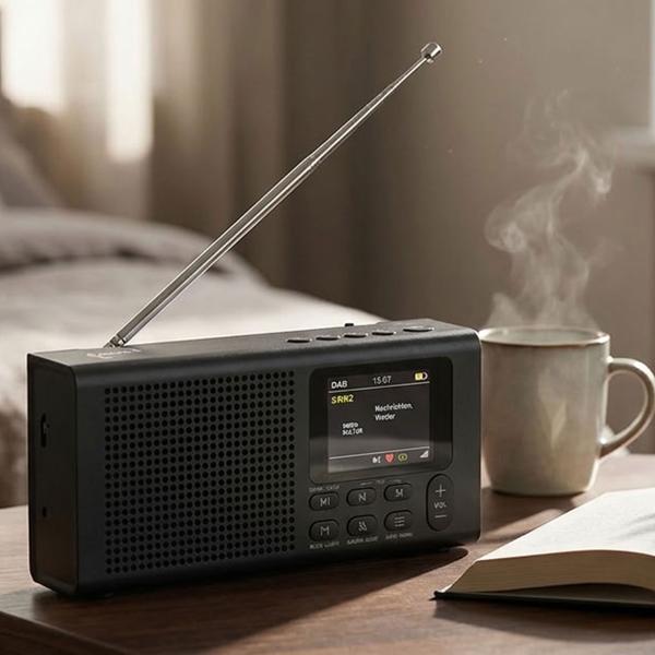 DAB+ Radio tragbar mit Bluetooth und Weckfunktion, Digitalradio DAB+ und UKW, Farbdisplay, 2 Weckzeiten, Netz- oder Batteriebetrieb, schwarz