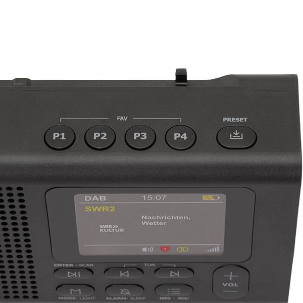 DAB+ Radio tragbar mit Bluetooth und Weckfunktion, Digitalradio DAB+ und UKW, Farbdisplay, 2 Weckzeiten, Netz- oder Batteriebetrieb, schwarz