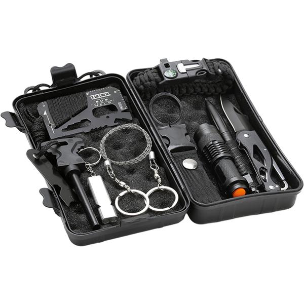 Survival Set in Schutzbox, Outdoor Notfallset mit Taschenlampe, Taschenmesser, Feuerstarter, Paracord Armband, Seilsäge und Notfallpfeife, 10-teilig 