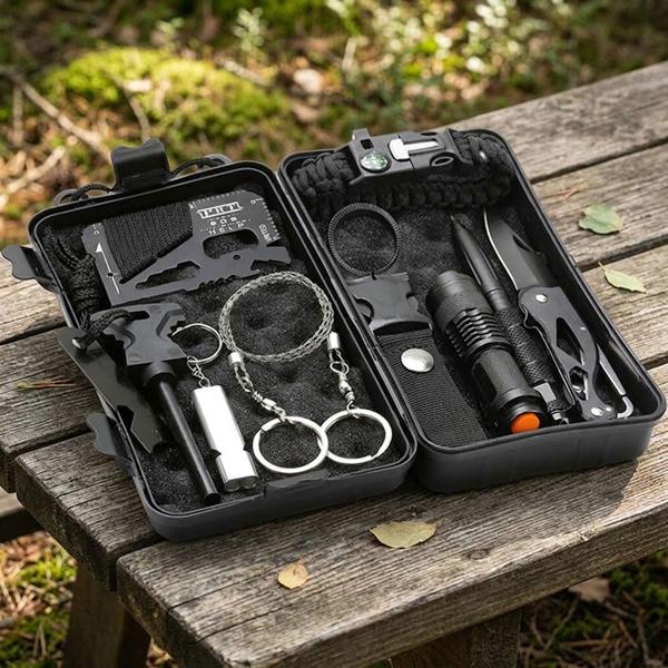 Survival Set in Schutzbox, Outdoor Notfallset mit Taschenlampe, Taschenmesser, Feuerstarter, Paracord Armband, Seilsäge und Notfallpfeife, 10-teilig 