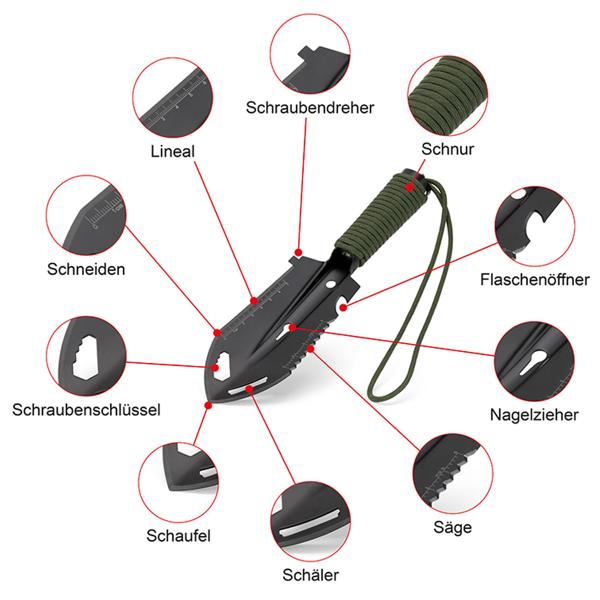 Multifunktionsschaufel 10-in-1 aus Kohlenstoffstahl, Outdoor Schaufel mit Säge, Schneidkante und Paracord Griff, mit Tasche, für Camping und Bushcraft