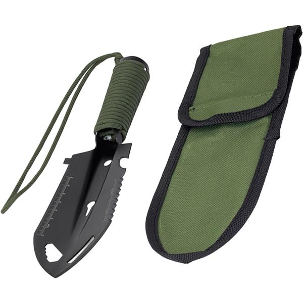 Pelle multifonction 10-en-1 en acier au carbone, pelle outdoor avec scie, tranchant et manche en paracorde, avec housse, pour camping et bushcraft