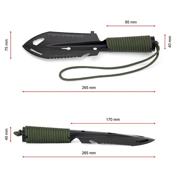Pelle multifonction 10-en-1 en acier au carbone, pelle outdoor avec scie, tranchant et manche en paracorde, avec housse, pour camping et bushcraft
