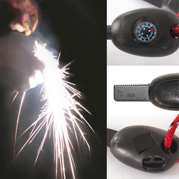 Feuerstahl Outdoor Survival Set mit Kompass, Pfeife und Schaber mit Säge, Feuerstein Firestarter zum Feuer machen für Camping, Wandern und Bushcraft