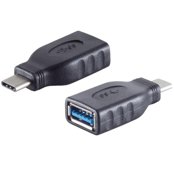 USB-C to USB-A socket adapter, OTG adapter USB 3.0 with 5 Gbit/s, USB-C plug to USB-A for smartphone, tablet and laptop, compact, black