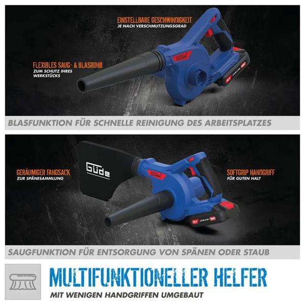 Akku Bläser und Sauger 18V kompakt, Akku Gebläse und Handsauger 2 in 1 mit 3 Stufen und Schmutzfangsack für Werkstatt, ohne Akku und Ladegerät