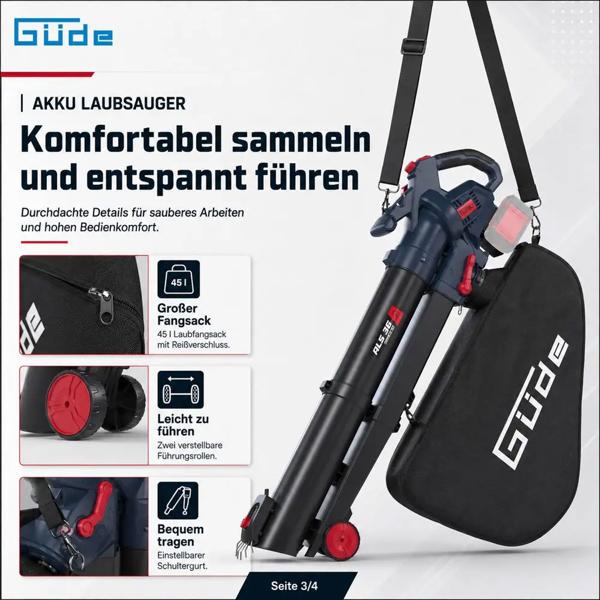 Akku Laubsauger 36V mit Häcksler, Laubbläser und Laubsauger 3 in 1 mit Turbo, 45 l Fangsack, Rollen und Schultergurt, ohne Akku und Ladegerät