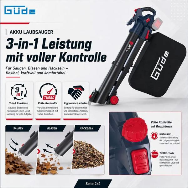 Akku Laubsauger 36V mit Häcksler, Laubbläser und Laubsauger 3 in 1 mit Turbo, 45 l Fangsack, Rollen und Schultergurt, ohne Akku und Ladegerät