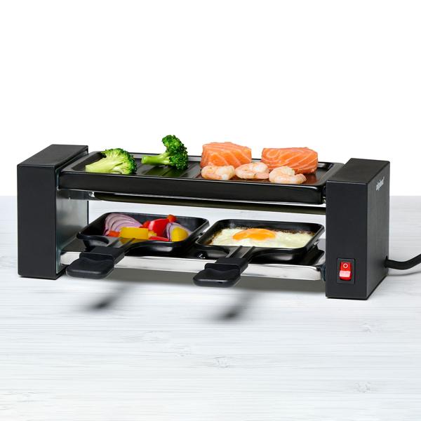 Gril à raclette pour 2 personnes 400 W, mini four à raclette avec plaque de gril, 2 poêlons antiadhésifs et spatules, compact