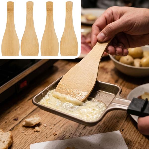4er Set Raclette Spatel, 13,5 x 4 cm, Raclettespachtel aus Bambus, schonender Holzschaber für beschichtete Raclette Pfännchen und Grillplatten