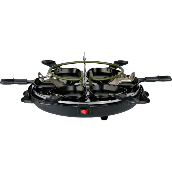 Raclette Grill rund für 6 Personen 800 W, Raclette Ofen mit abnehmbarer antihaftbeschichteter Grillplatte und 6 ovalen Pfännchen, Edelstahl Reflektor