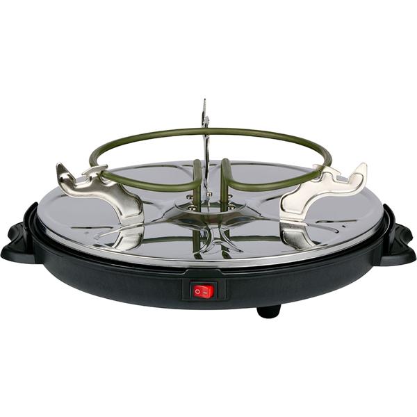 Raclette Grill rund für 6 Personen 800 W, Raclette Ofen mit abnehmbarer antihaftbeschichteter Grillplatte und 6 ovalen Pfännchen, Edelstahl Reflektor