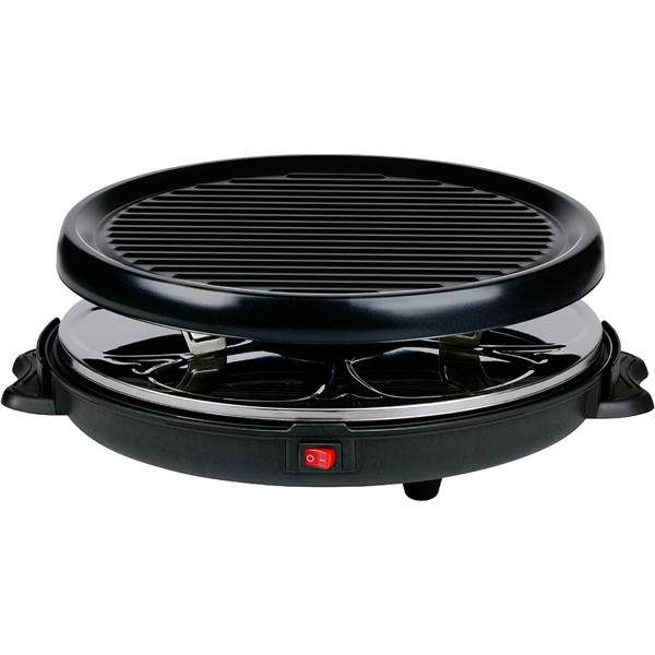 Raclette Grill rund für 6 Personen 800 W, Raclette Ofen mit abnehmbarer antihaftbeschichteter Grillplatte und 6 ovalen Pfännchen, Edelstahl Reflektor