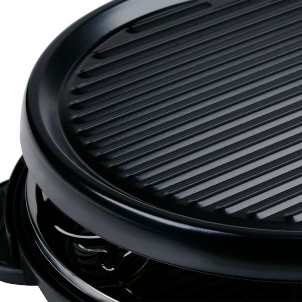 Raclette Grill rund für 6 Personen 800 W, Raclette Ofen mit abnehmbarer antihaftbeschichteter Grillplatte und 6 ovalen Pfännchen, Edelstahl Reflektor