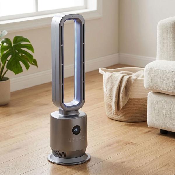 Chauffage soufflant sans rotor 2000 W, chauffage soufflant PTC en céramique sans pales avec télécommande, thermostat, oscillation à 45°, minuteur et lumière d’ambiance, argent