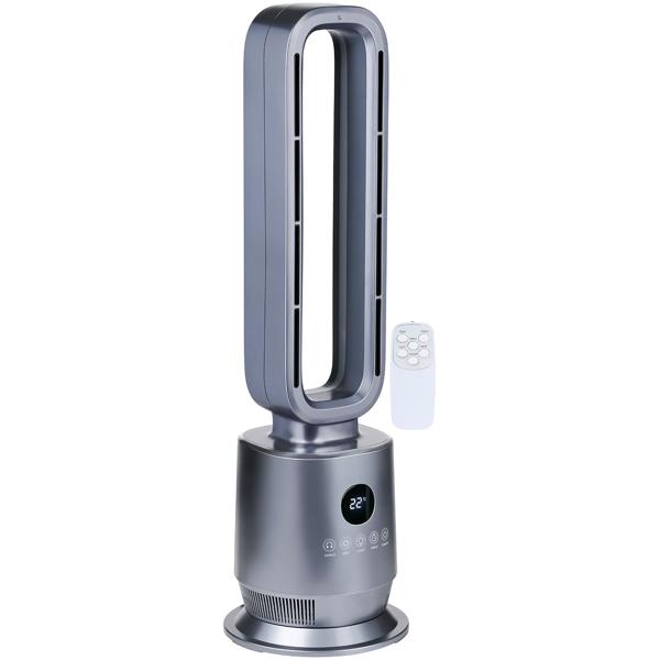 Chauffage soufflant sans rotor 2000 W, chauffage soufflant PTC en céramique sans pales avec télécommande, thermostat, oscillation à 45°, minuteur et lumière d’ambiance, argent