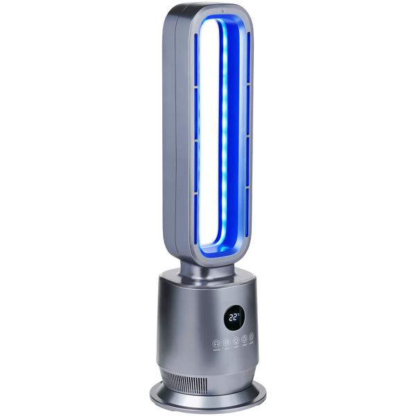 Chauffage soufflant sans rotor 2000 W, chauffage soufflant PTC en céramique sans pales avec télécommande, thermostat, oscillation à 45°, minuteur et lumière d’ambiance, argent
