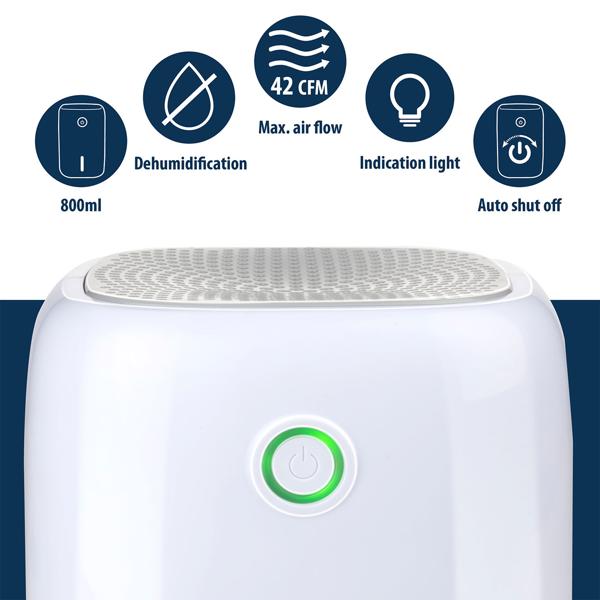 Compact electric dehumidifier 800 ml, quiet mini dehumidifier for bedroom, bathroom, cellar, dressing room and caravan, up to 330 ml per day, 22.5 W