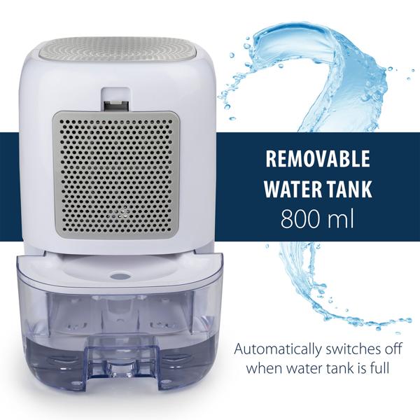 Compact electric dehumidifier 800 ml, quiet mini dehumidifier for bedroom, bathroom, cellar, dressing room and caravan, up to 330 ml per day, 22.5 W