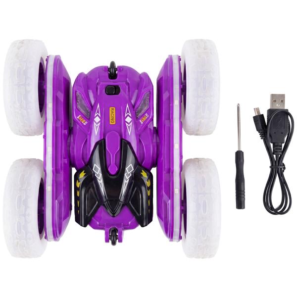 Remote control stunt car with 360-degree rotation, purple, RC car with light-up wheels and battery, 12 km/h, 2.4 GHz remote control, toy for children