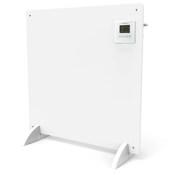 Chauffage infrarouge 425 W panneau chauffant 61 × 63 cm, avec thermostat numérique, minuterie hebdomadaire et display LCD, IP44, sur pieds ou mural, blanc