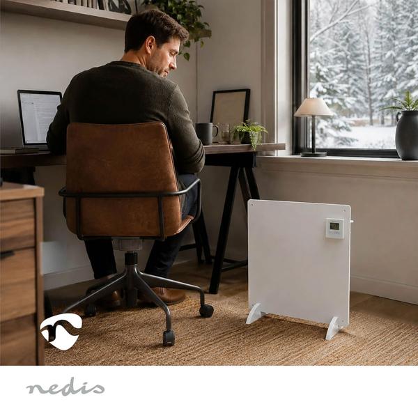 Chauffage infrarouge 425 W panneau chauffant 61 × 63 cm, avec thermostat numérique, minuterie hebdomadaire et display LCD, IP44, sur pieds ou mural, blanc