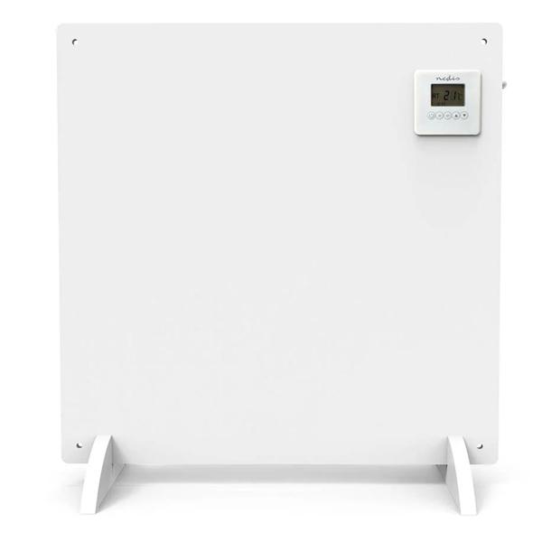Chauffage infrarouge 425 W panneau chauffant 61 × 63 cm, avec thermostat numérique, minuterie hebdomadaire et display LCD, IP44, sur pieds ou mural, blanc