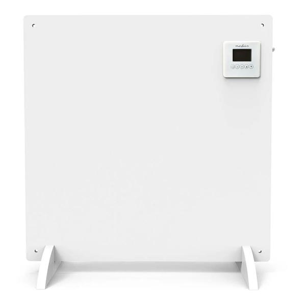 Chauffage infrarouge 425 W panneau chauffant 61 × 63 cm, avec thermostat numérique, minuterie hebdomadaire et display LCD, IP44, sur pieds ou mural, blanc