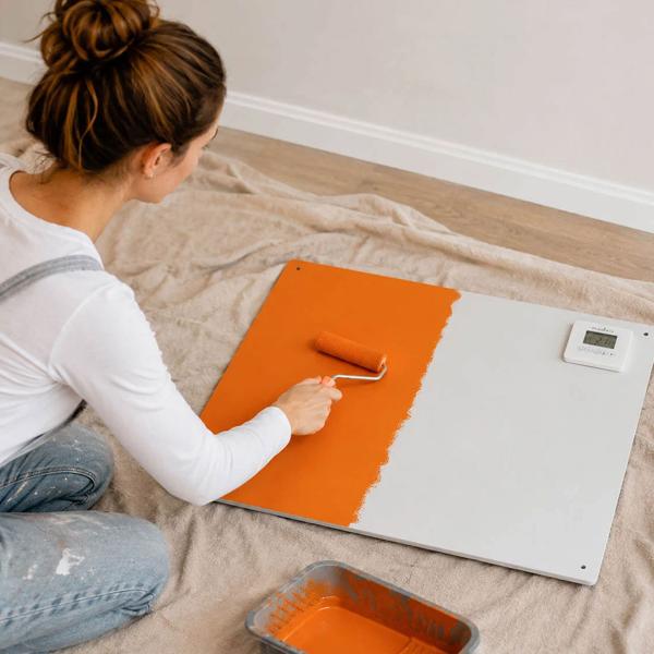 Chauffage infrarouge 425 W panneau chauffant 61 × 63 cm, avec thermostat numérique, minuterie hebdomadaire et display LCD, IP44, sur pieds ou mural, blanc