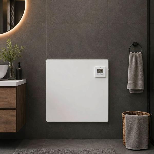 Chauffage infrarouge 425 W panneau chauffant 61 × 63 cm, avec thermostat numérique, minuterie hebdomadaire et display LCD, IP44, sur pieds ou mural, blanc
