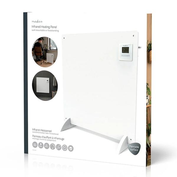 Chauffage infrarouge 425 W panneau chauffant 61 × 63 cm, avec thermostat numérique, minuterie hebdomadaire et display LCD, IP44, sur pieds ou mural, blanc