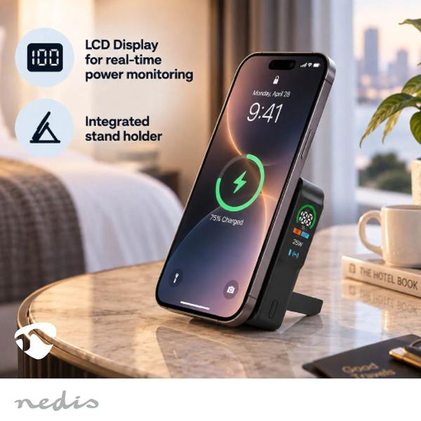 Power bank 10,000 mAh, magnetic with wireless charging up to 25 W, USB-C up to 35 W, LCD display and stand function, compact battery for smartphone, black
