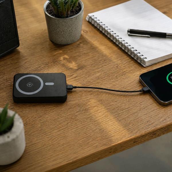 Powerbank 10 000 mAh magnétique avec recharge sans fil jusqu’à 25 W, USB-C jusqu’à 35 W, écran LCD et fonction support, batterie compacte pour smartphone, noir