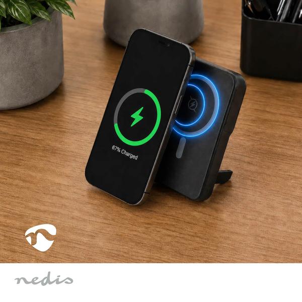 Powerbank 10 000 mAh magnétique avec recharge sans fil jusqu’à 25 W, USB-C jusqu’à 35 W, écran LCD et fonction support, batterie compacte pour smartphone, noir