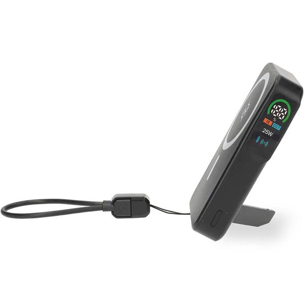 Powerbank 10 000 mAh magnétique avec recharge sans fil jusqu’à 25 W, USB-C jusqu’à 35 W, écran LCD et fonction support, batterie compacte pour smartphone, noir