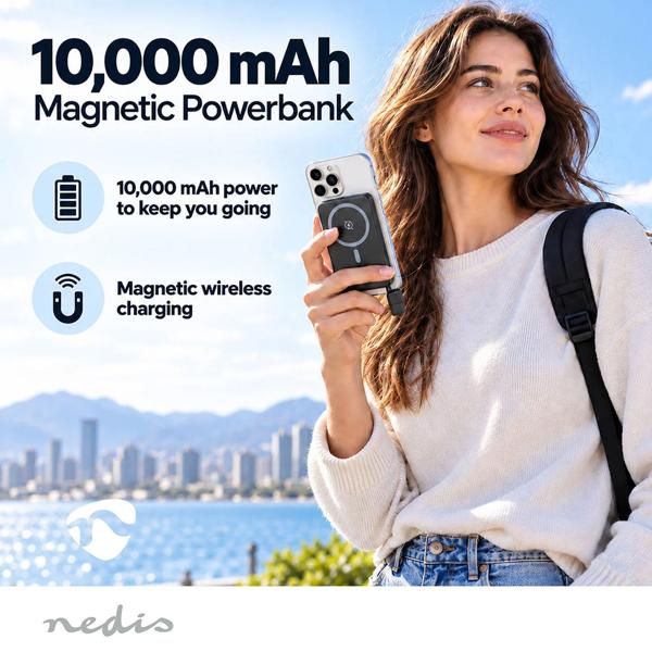 Power bank 10,000 mAh, magnetic with wireless charging up to 25 W, USB-C up to 35 W, LCD display and stand function, compact battery for smartphone, black