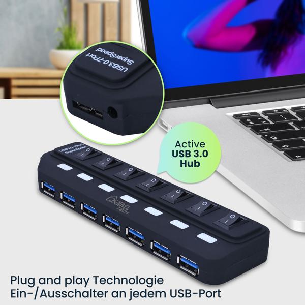 Hochwertiger aktiver USB 3.0 Hub für bis zu 7 Geräte – schneller Datentransfer, USB-A Anschlüsse, einzeln schaltbar, kompakt & leistungsstark