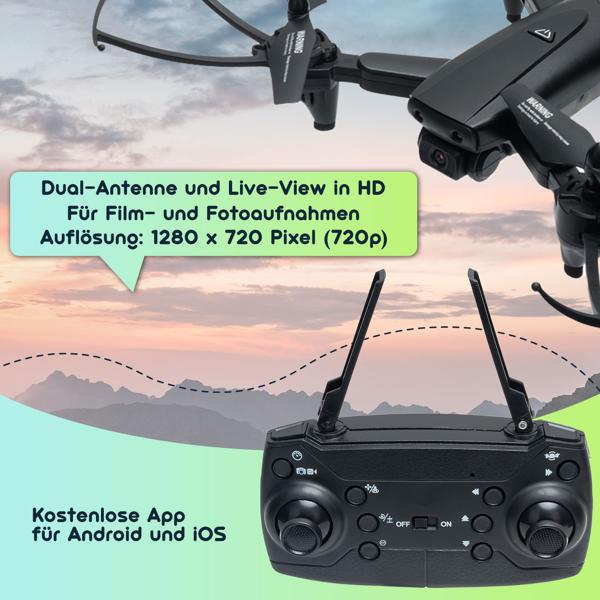 Quadrocopter-Drohne, HD Kamera, FPV, Live View per App, 6 Achsen Gyroskop, faltbar, OpticalFlow, Headless Steuerung, für Erwachsene und Kinder