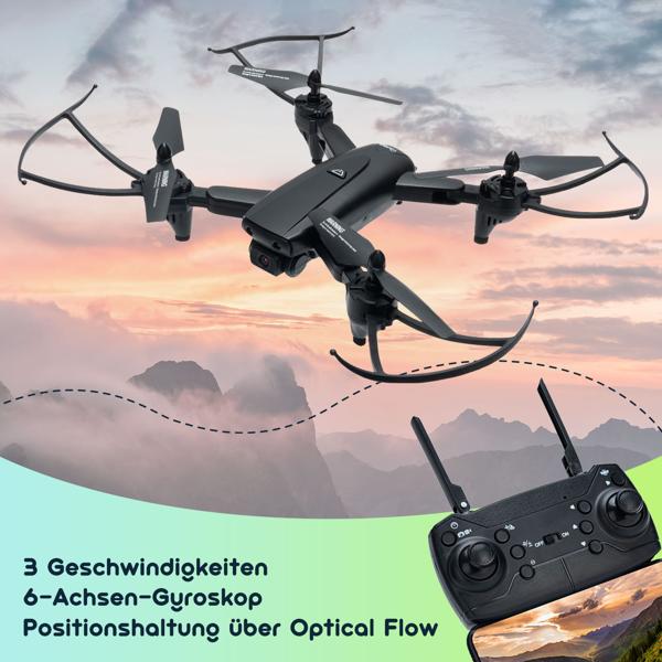 Quadrocopter-Drohne, HD Kamera, FPV, Live View per App, 6 Achsen Gyroskop, faltbar, OpticalFlow, Headless Steuerung, für Erwachsene und Kinder