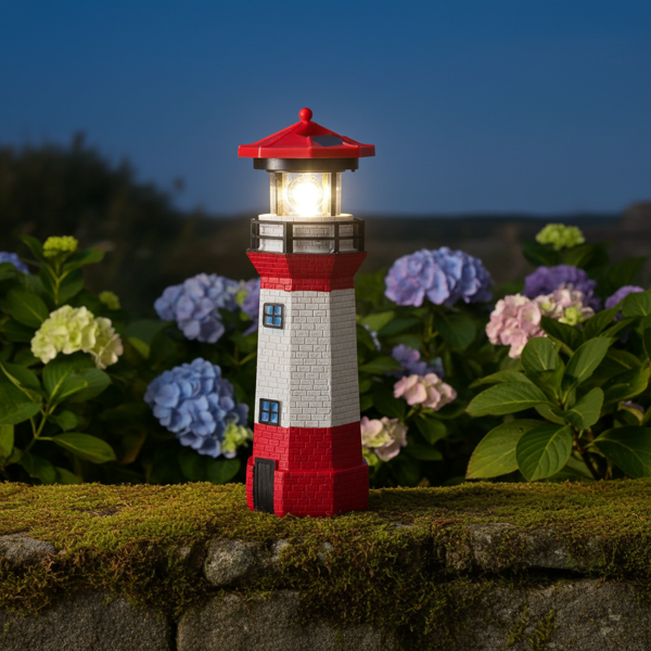 Phare Décoratif Solaire - Réflecteur Rotatif, Éclairage LED Rouge-Blanc, Détecteur Crépusculaire - Jardin, Balcon, Terrasse, Véranda - Ø9xH27cm