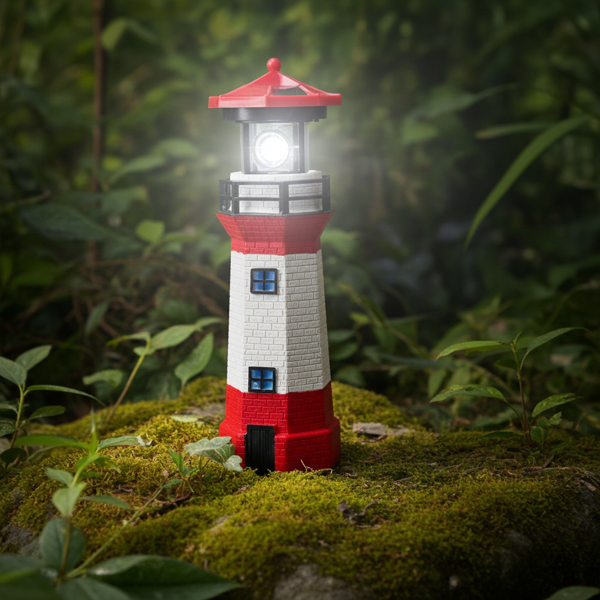 Phare Décoratif Solaire - Réflecteur Rotatif, Éclairage LED Rouge-Blanc, Détecteur Crépusculaire - Jardin, Balcon, Terrasse, Véranda - Ø9xH27cm